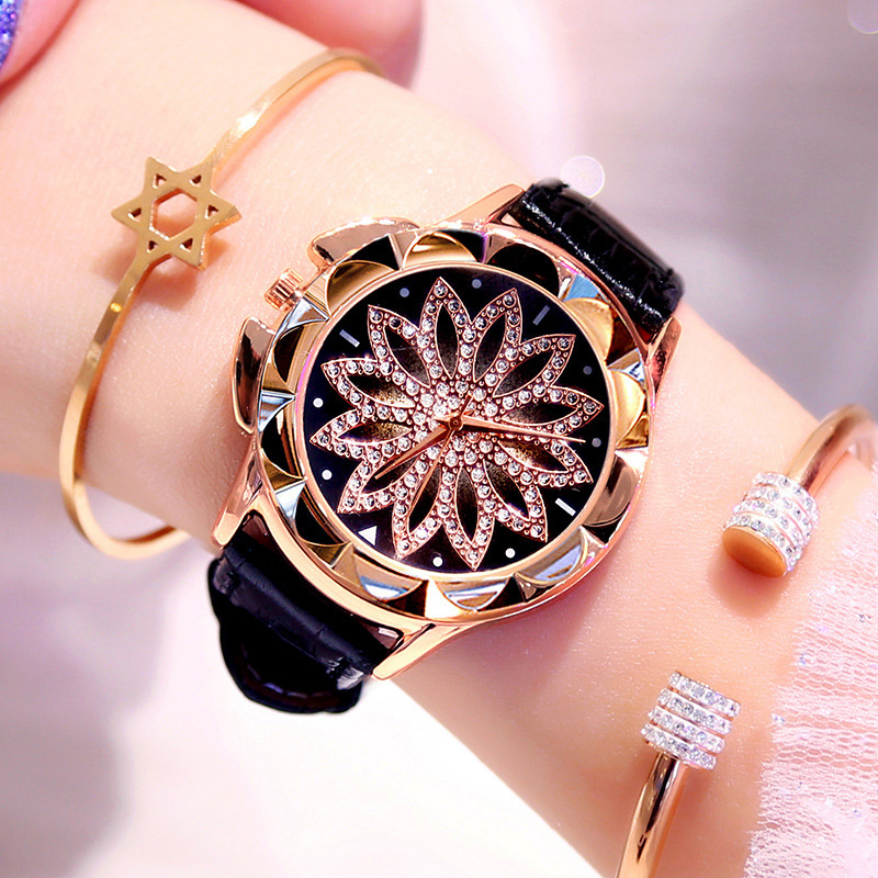 1PCs Rhinestone Women Quartz Watches Ladies Watch Leather Big Dial Crystal Diamond Flower Clock Bracelet Wrist Watch