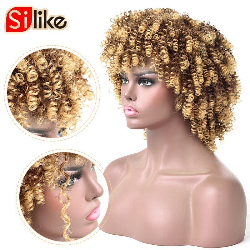 Silike Korte Bouncy Krul Pruik Afro Kinky Krullende Pruik Synthetische Korte Pruik Met Pony Gemengde Bruin Blonde Pruik Voor Zwarte vrouwen