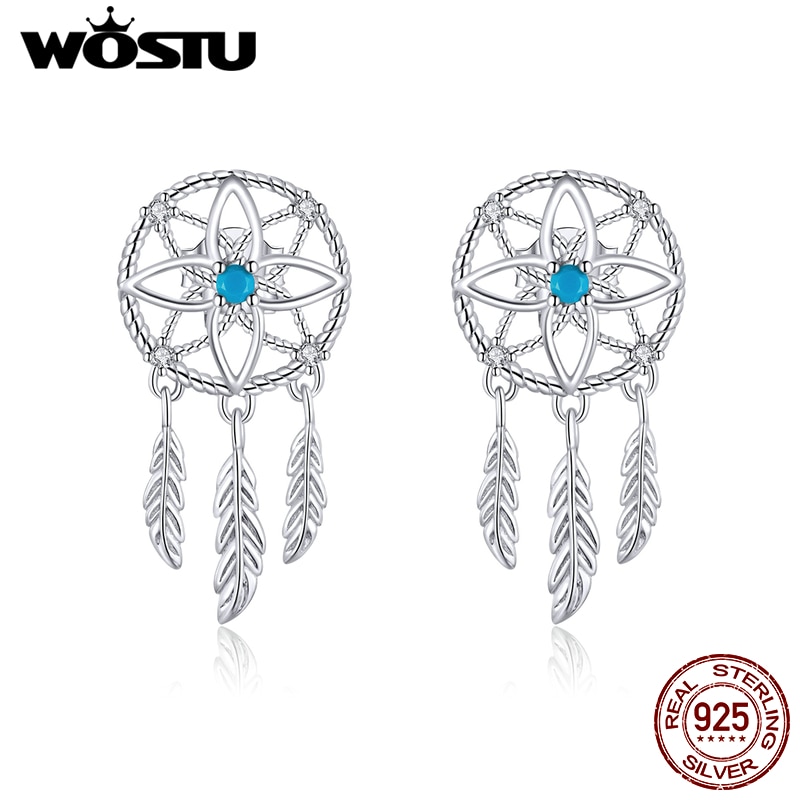 Wostu nova chegada 925 prata esterlina dreamcatcher gota brincos azul zircão pena balançar brincos para jóias femininas cte339