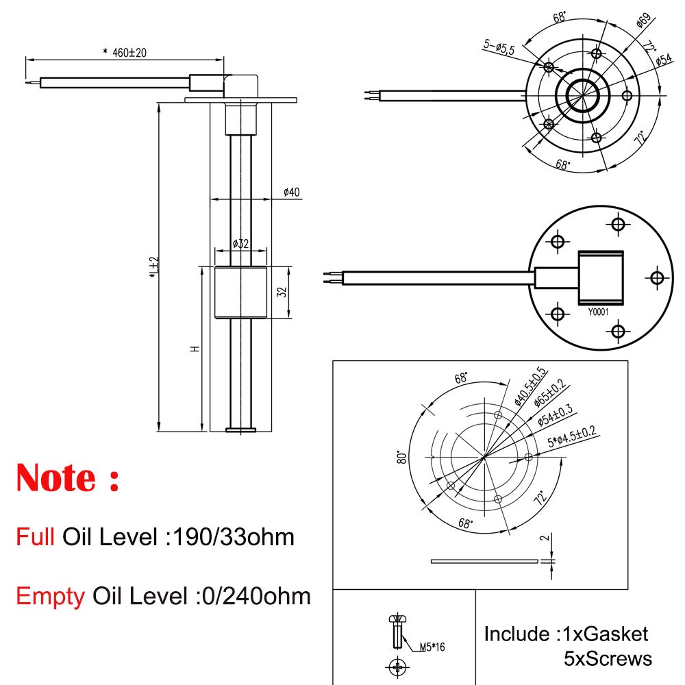 52mm nivåmätare för marint avlopp &amp; 150-450mm vattenavloppsnivågivare för 0-190/240-33 ohm marin båt rv tank avloppsvattennivåmätare