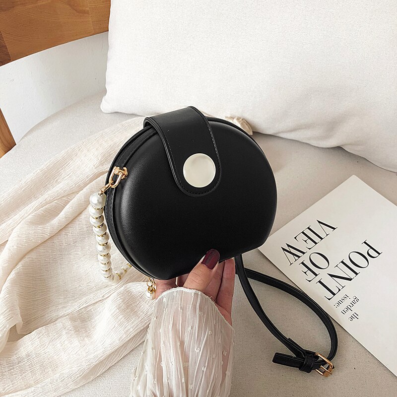 Elegante Vrouwelijke Ronde Zak Zomer Pu Leer Vrouwen Handtas Pearl Chain Schouder Messenger Bag Portemonnees: Black