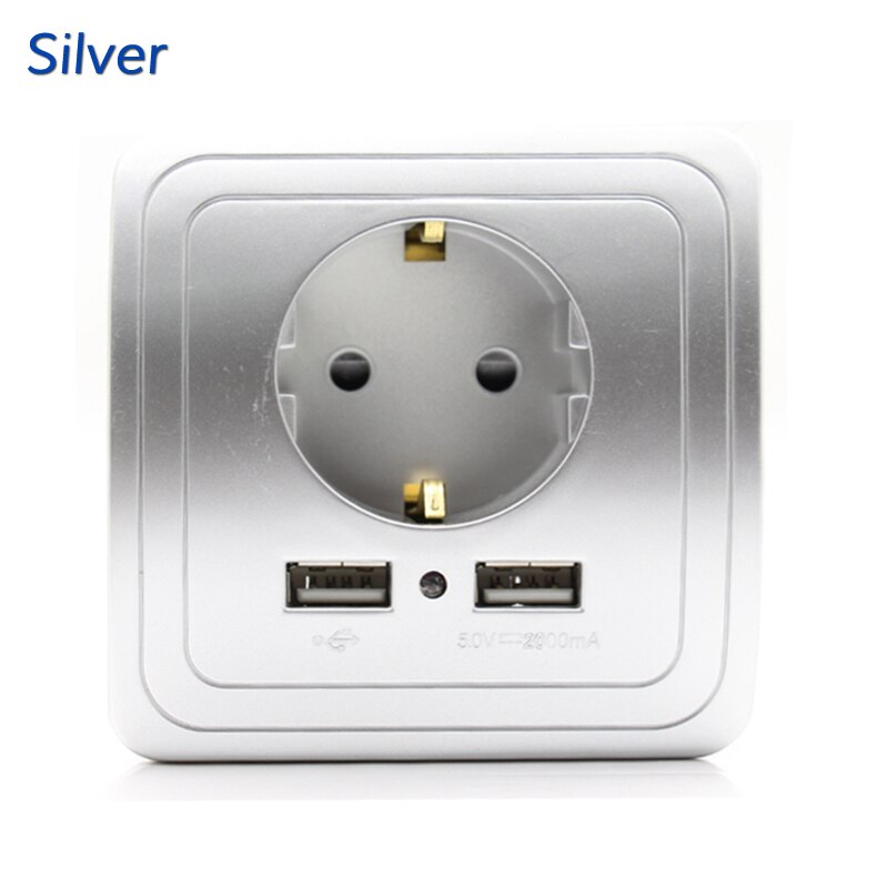 Socket with usb wall outlet 5V 2A Dual Wall Socket eu Ports Charger 16A 250V kitchen plug socket Electrical Outlet: 2000mA Silver