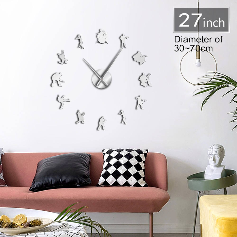 Moderne Musik Band 3D Stumm DIY Wanduhr Trommel einstellen Gitarre Spieler Heimat Zauberstab Dekor selbst Klebstoff Acryl Spiegel Wirkung uhr Uhr