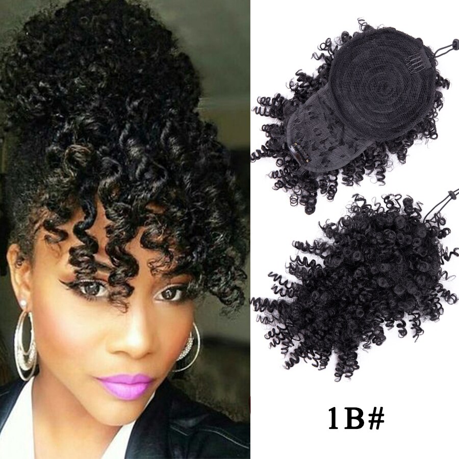 Leeons Kinky Curly Hair Bangs High Puff Ponytail Synthetic Hair Extensions African American Hair Ponytail With Bangs 11 Colors: 1b
