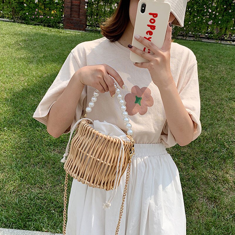 Summer Woven Straw Bags for Women Pearl Chain Round Handmade Rattan Beach Handbag Travel Bohemia Female Shoulder Crossbody Bag