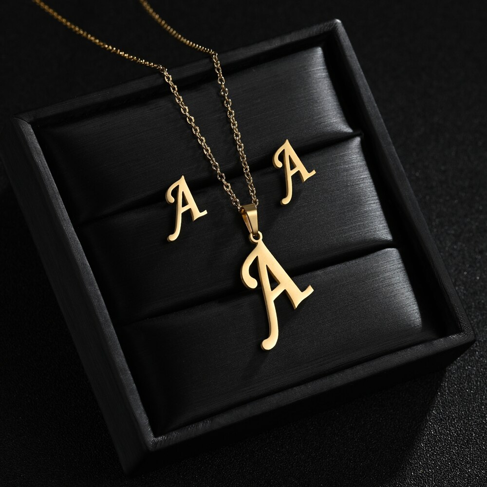 A-Z Edelstahl Ersten Halskette Und Ohrringe Schmuck Sets Alphabet Anhänger Kette Brief Zubehör: A