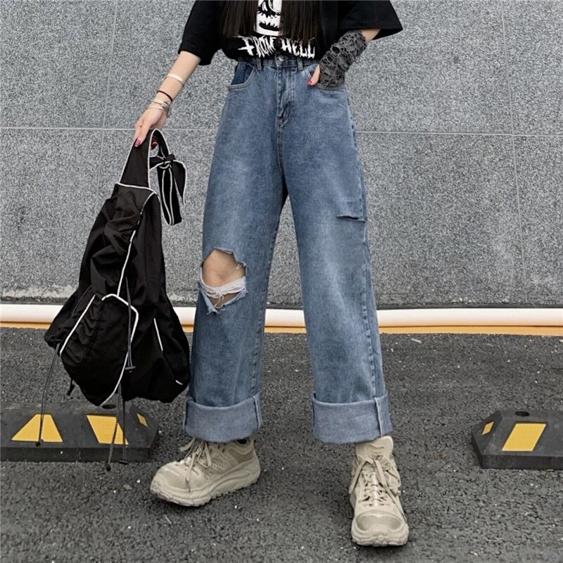 Shengpalae Zomer Casual Jeans Vrouw Lange Broek Cowboy Vrouwelijke Losse Streetwear Ripped Jeans Rechte Broek ZA4413: L