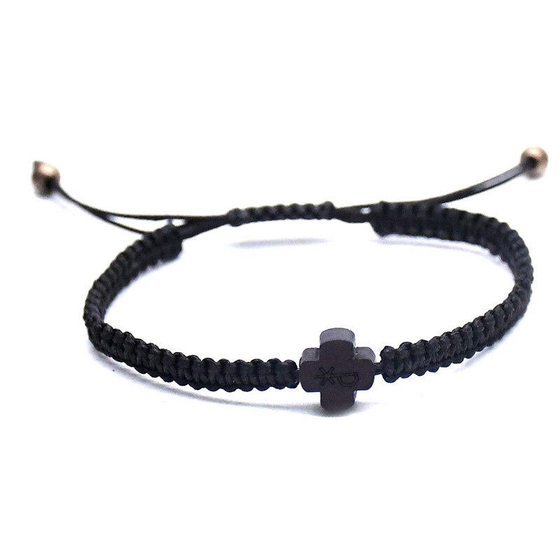Kristus logo træ kors rosenkrans armbånd justerbar flettet sort reb kæde armbånd til kvinder religiøse kristne smykker