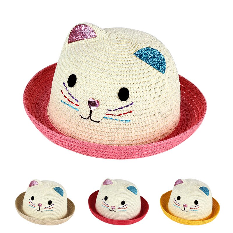 Chapeau de paille mignon avec des oreilles d'été en plein air enfants disquette Panama chapeau enfants filles garçons nuances plage chapeau de soleil