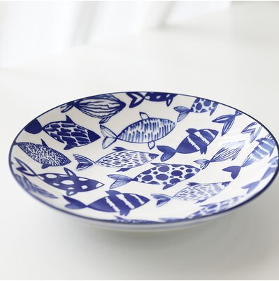 Serie con marino azul, vajilla con bajo vidriado de peces de la Marina, plato occidental, juego de cuencos de arroz de cerámica: Deep Plate21.5x4.5cm
