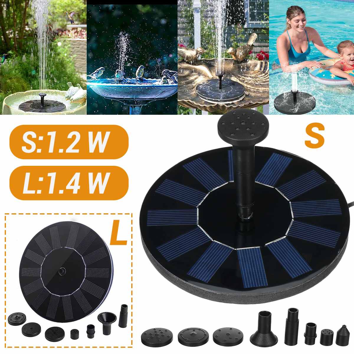 1.2W/1.4W Solar Power Water Fountain Pump Solar Fontein Bird Fountain Water Floating Fountain Pond Garden Patio Lawn Decoration