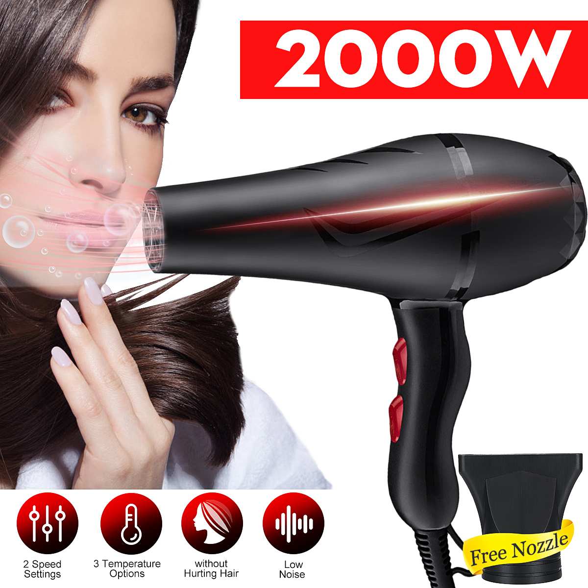 2000W Strong Wind Power Hair Dryer Electric Hair Dryer Blower Low Noise+Nozzle 220V Hairdryer for Home Salon Hotel