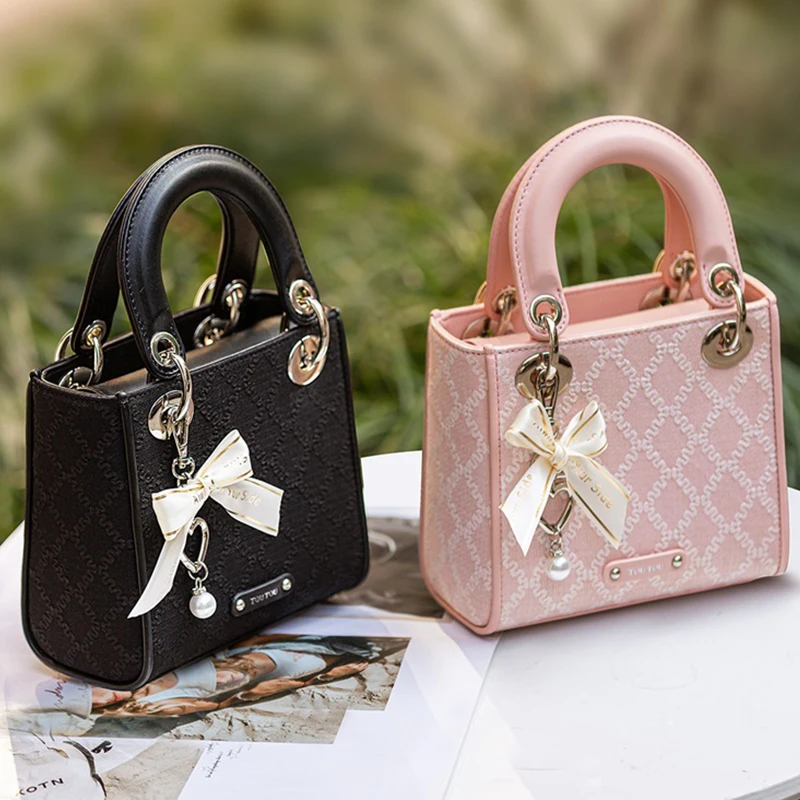 TOUTOU Argyle Jacquard Handtasche Schleife Dekor Satchel Geldbörse Damen Kleine Einkaufstasche Luxusmarke Tasche