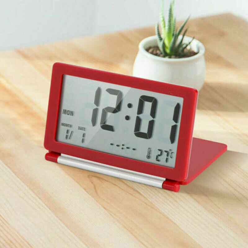 Bärbar hopfällbar digital väckarklocka liten display reseväckarklocka med kalendertemperatur: Röd