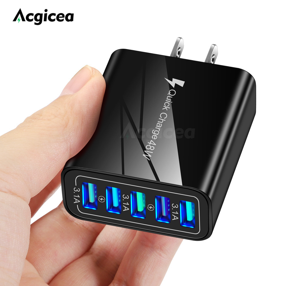 USB Charger Quick Charge 5 Port USB Charger For iPhone 12 13 Xiaomi Huawei Wall Mobile Phone Fast Travel Charger EU US UK Plug: black US