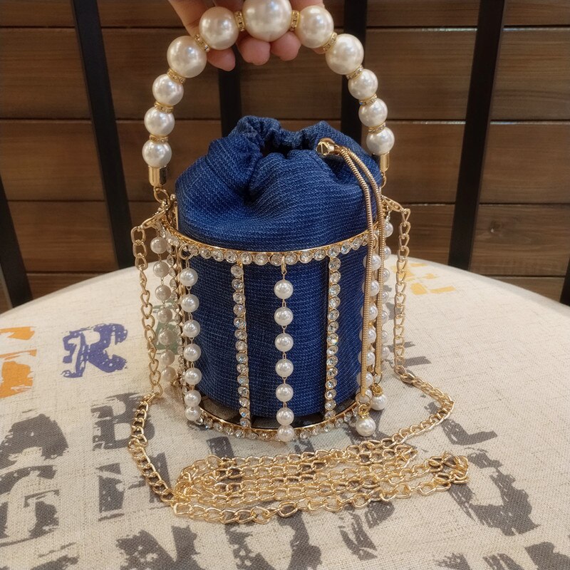 INS Pearls Metallic Cage Evening Clutch Bag Women Hollow Out Bucket Bag Acrylic Chain Handbag Bridal Beaded Shoulder Bag