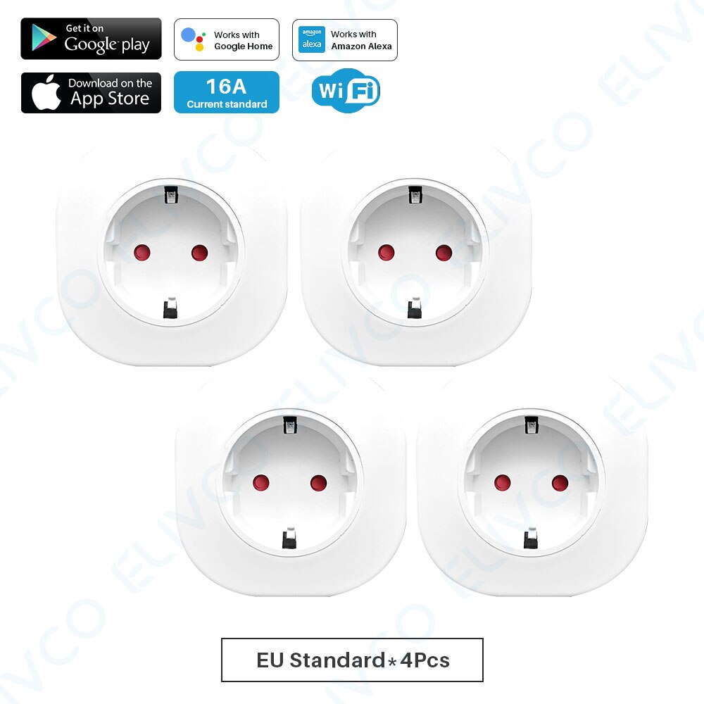 WiFi Smart Plug EU Adapter 16A Tuya APP Remote Voice Control Steckdose Timing Funktion Arbeitet Mit Alexa Google Assistent: EU Plug-4Pcs
