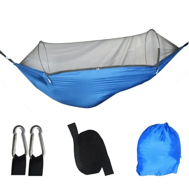 Hamaca para acampar con mosquitera, hamacas portátiles de paracaídas para exteriores, columpio, hamaca para dormir, material para acampar: Azul