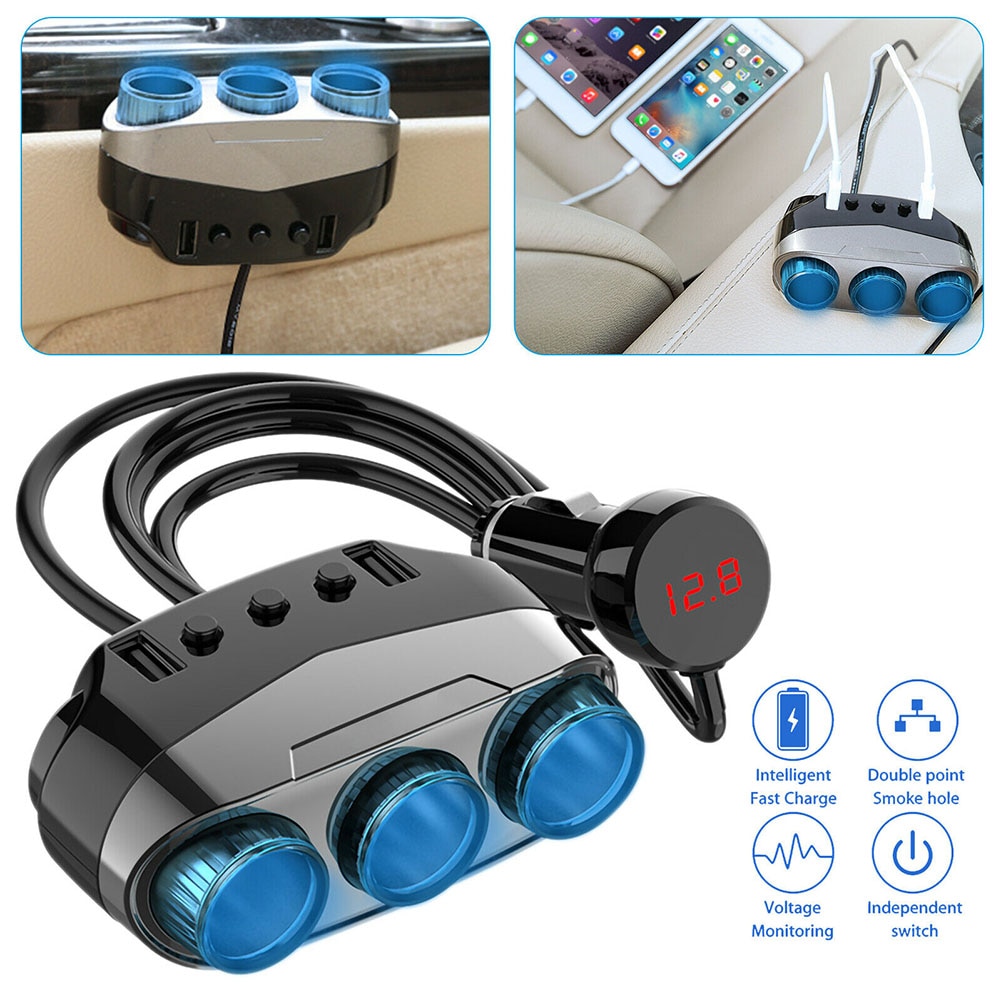 Universele 3 -weg auto sigarettenaansteker aansluiting verdeler dubbele usb autolader stroomadapter met schakelaar autobenodigdheden: Default Title