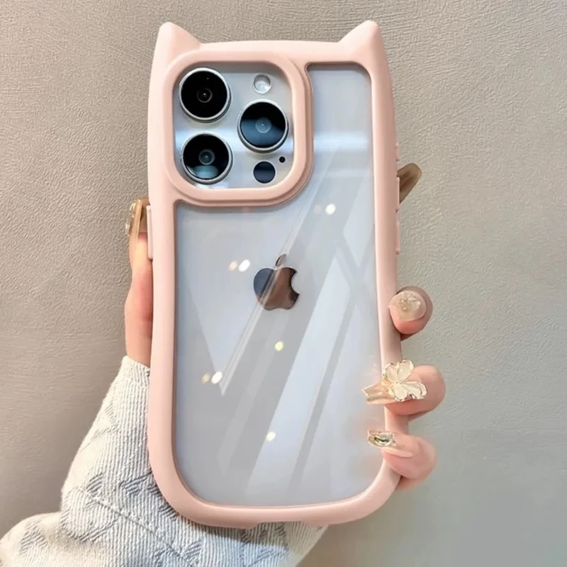 Weiche Silikon-Handyhülle mit niedlichen Katzenohren für iPhone 15, 14, 13, 12, 11, Profi Max, transparent, stoßfest, harte Acryl-Stoßstangen-Rückseite: Leinwand / Rosa
