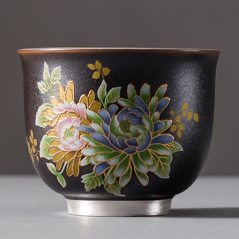 Taza de té dorada de plata 999, vaso Maestro de cerámica, flor a la parrilla, lámina dorada, taza de té Kung Fu: G