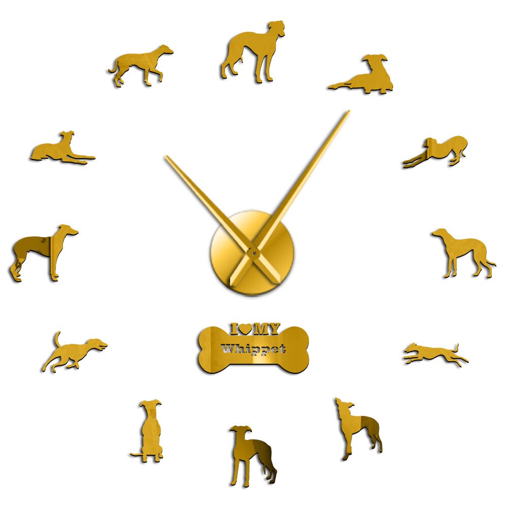 Oversized Whippet Dog Portrait 3D Acrylic DIY Wall Clock Italian Greyhound Canine Animal Mirror Effect Wall Stickers Clock Watch: Gold / 27inch