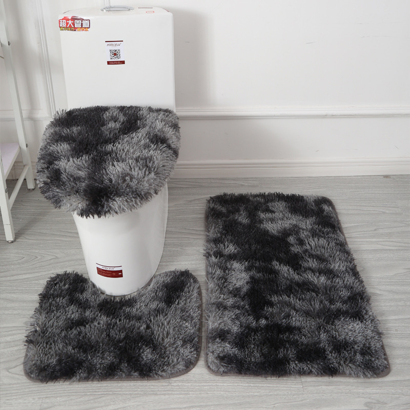 3pcs/set Tie-Dye Colorful Bathroom Mat Set Non-slip Bath WC Carpets Rectangle U-shape Bathroom Toilet Rugs And Lid Cover Kit: grey black