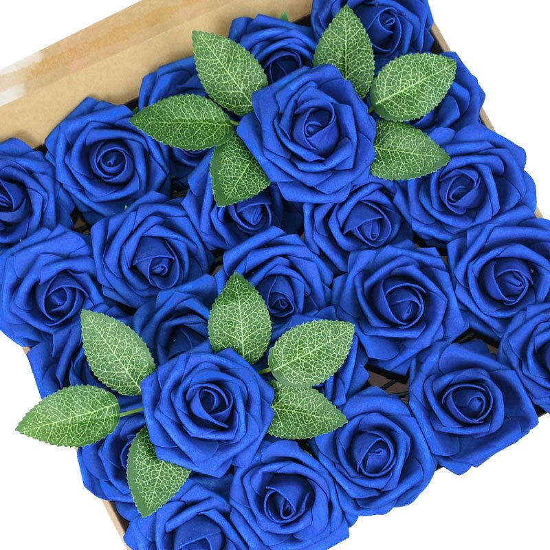 25 Pièces/boîte Mousse Artificielle Rose Fleurs avec des Feuilles Bouquets De Mariée De mariage De Décoration De Jardin de Partie Fausse Fleur BRICOLAGE Artisanat: royal blue