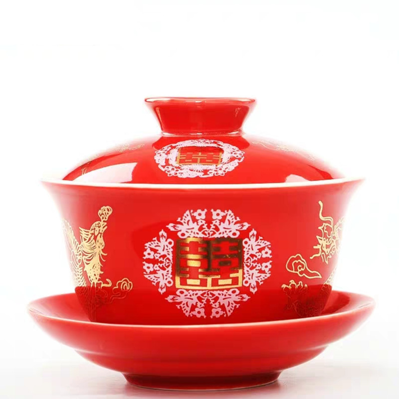 Kinesisk testel drage og føniks bryllup rød gaiwan keramisk testel terrin jingdezhen porcelæn te låg skål spisestel kopper: Dp b