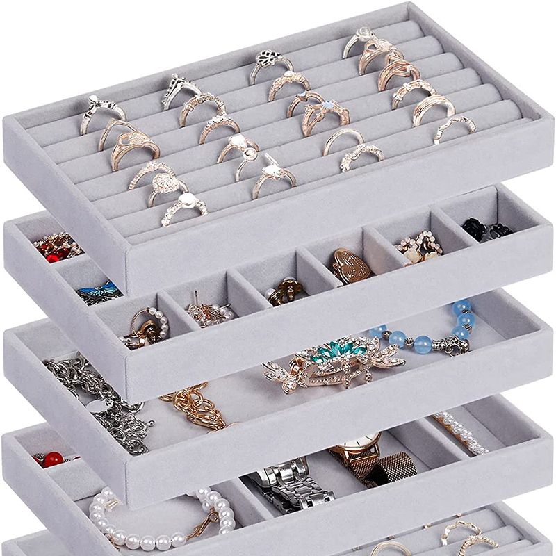 Plateau à bijoux empilable en velours doux, présentoir de bijoux, boîte de rangement Portable pour bagues, boucles d'oreilles, colliers, boîte de rangement, porte-bijoux