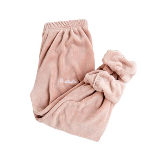 Leisure Lady Solid Color Elastic Waist Ankle Tie Warm Fleece Pajama Pants Trousers: Pink