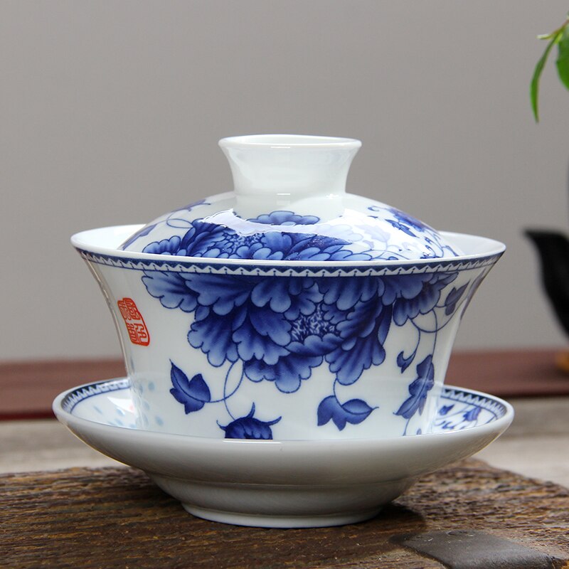 Large Blue and White Porcelain Gaiwan 250ml Ceramic Cover Bowl Jingdezhen Sancai Bowl Respect Tea Bowl Chinese Tea Set