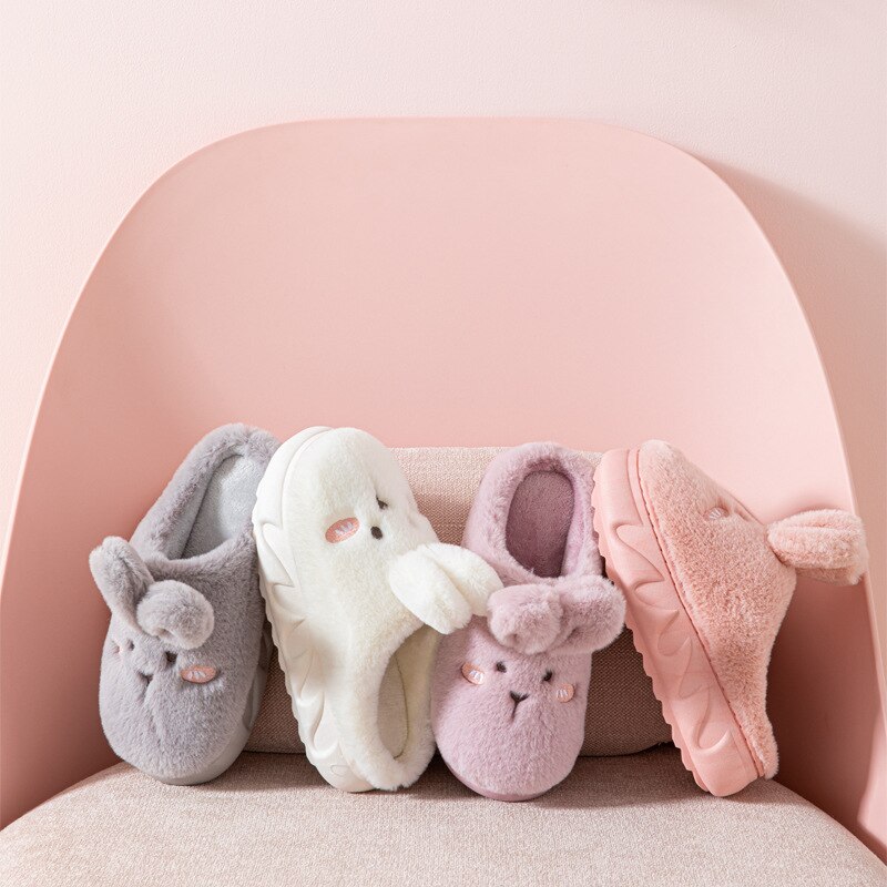 Winter Vrouwen Thuis Katoen Slippers Indoor Gezellige Zachte Glijbanen Schattige Konijn Oor Platform Schoenen Cartoon Bunny Antislip slippers