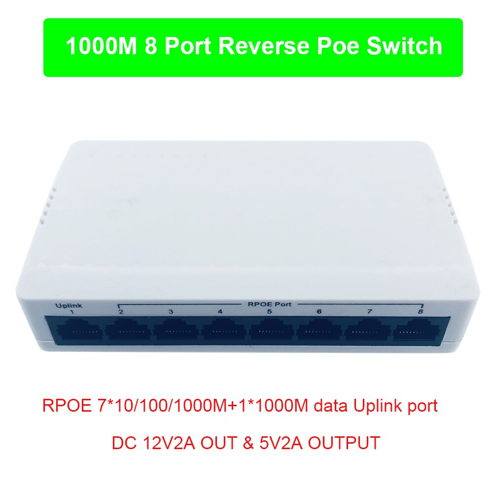 1000M 8 Poort Reverse Poe Schakelaar 7*10/100/1000M + 1*1000M uplink Dc Output 5V 2A En 12V 2A Rpoe Vlan-ondersteuning: White