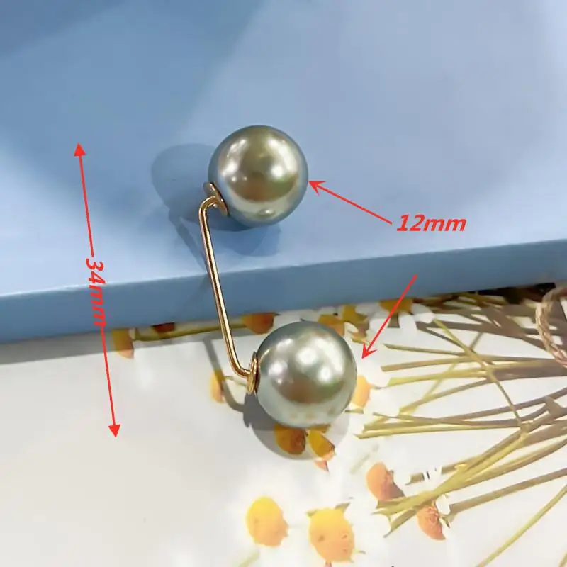Women Tightening Waistband Pin Double Pearl Brooches Metal Lapel Pin Brooch Pins Sweater Shirt Cardigan Brooch: Emerald Green / Imitation Rhodium Plated