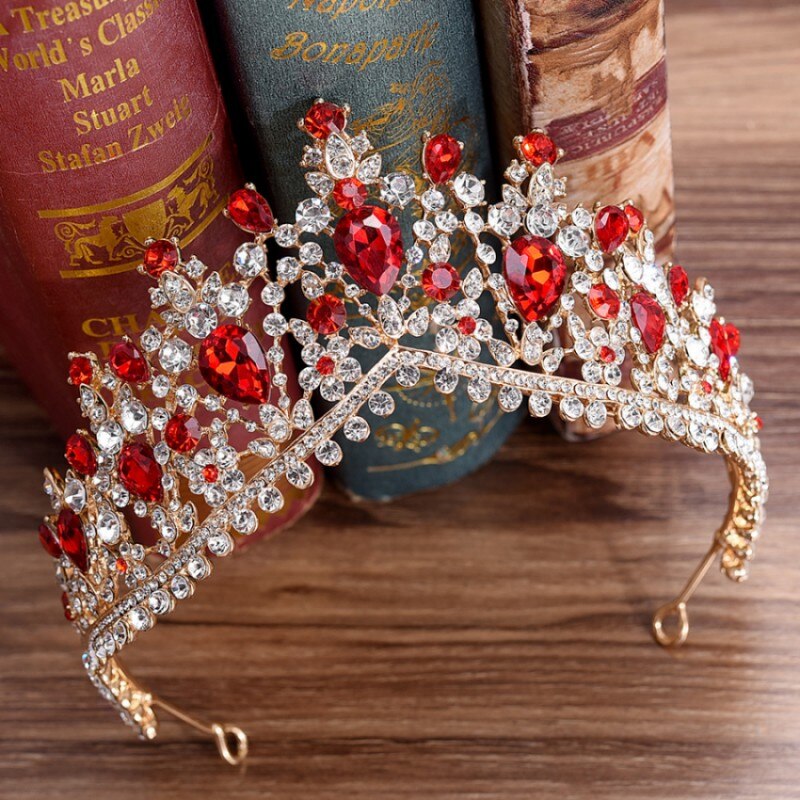 Di lusso Con Strass Diademi Nuziali Crown Barocco Argento Placcato di Cristallo Diadema per la Sposa Fasce di Cerimonia Nuziale Dei Monili Dei Capelli Accessori: Gold Red