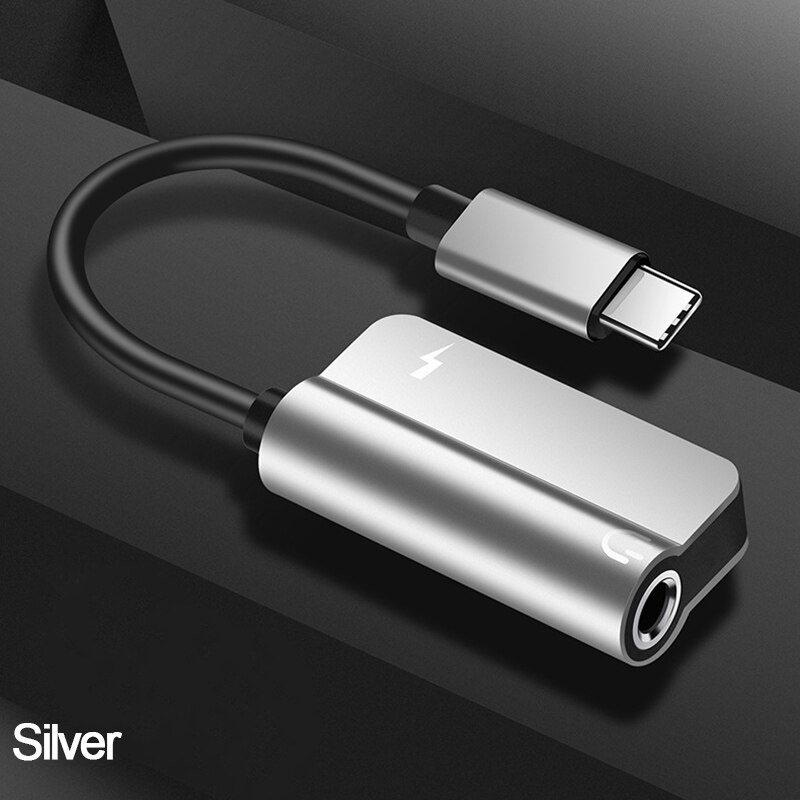 Adaptador de carga de auriculares 2 en 1 Tipo C a 3,5mm, convertidor divisor de Audio AUX para Huawei P30, P20, Mate 20 Pro, Xiaomi 6, USB C: Plata