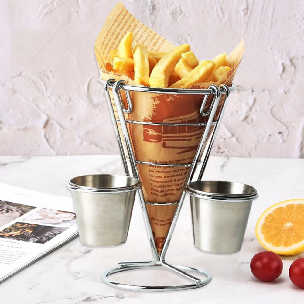 Kartoffelchip-Halter, Pommes-Korb, robuster Pommes-Ständer aus Metall mit Getränkehalter, Chip-Kegel-Korb, Bratenhalter für Lebensmittel, Vorspeisen