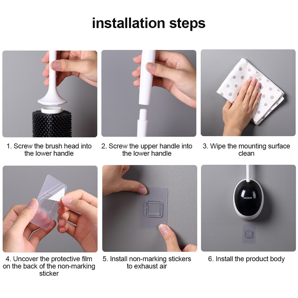 Escobilla de inodoro de silicona de montaje en pared, mango largo de plástico negro, accesorios de Wc para baño, Herramientas de limpieza de secado rápido, 1 Uds.