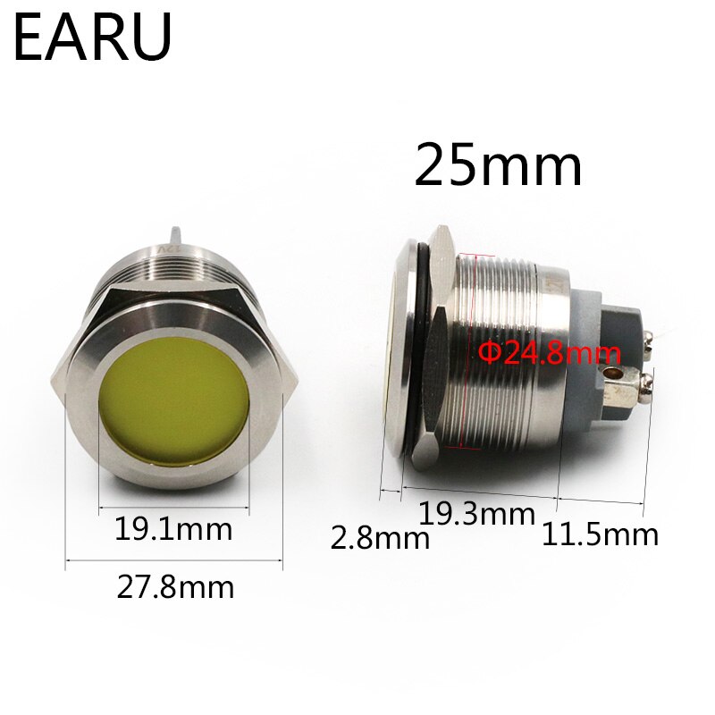 25mm IP67 Waterproof Metal LED Indicator Lamp Light Signal Pilot Warning Power 5V 12V 24V 110V 220V Red Blue Green Yellow White