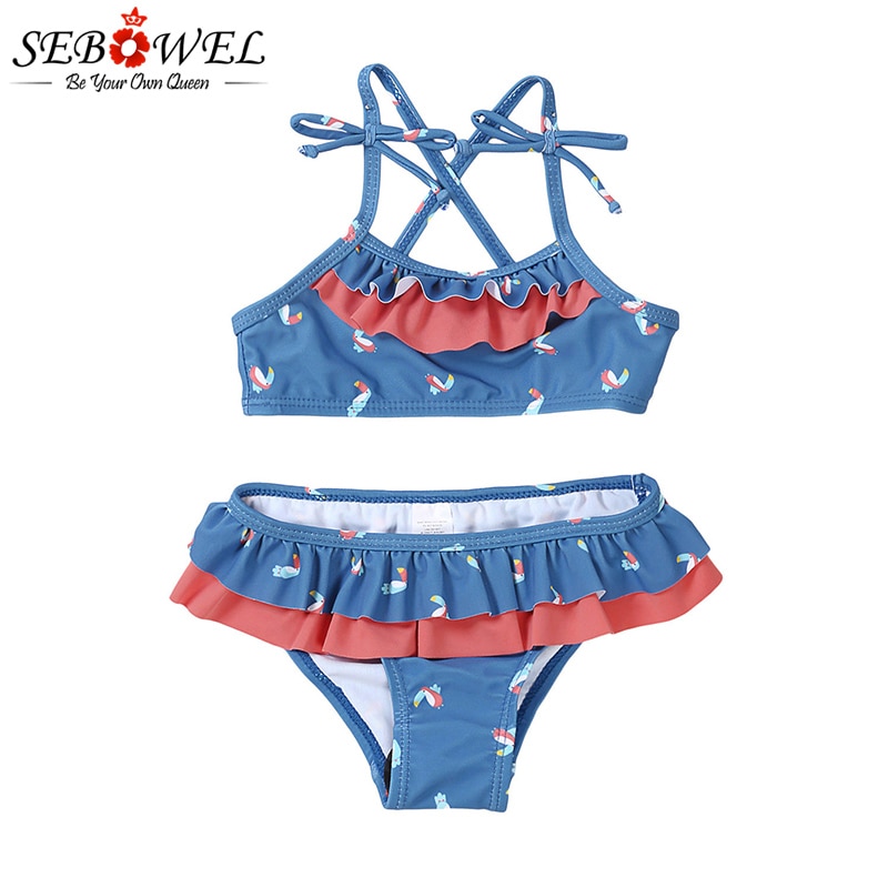 Sebowel sejl blå små piger flæse bikini med print teen badetøj teeneger piger badedragt bikini maillot de bain femme