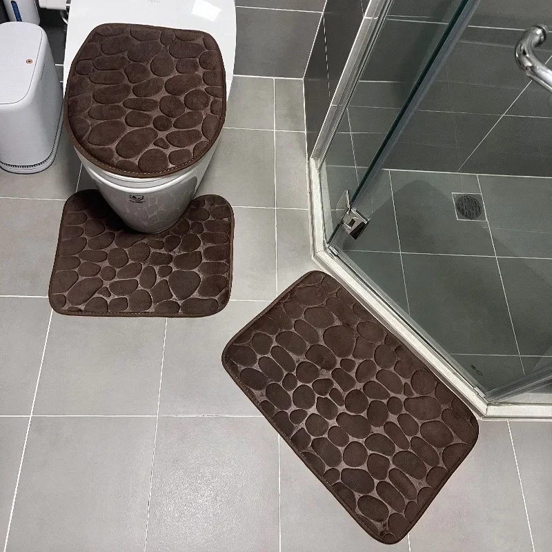 3PCS/Set Non-slip Soft Bath Mat Toilet Cover Carpet Cobblestone Embossed Floor Mat Bathroom Absorb Water Can Be Washed 욕실 매트: BROWN