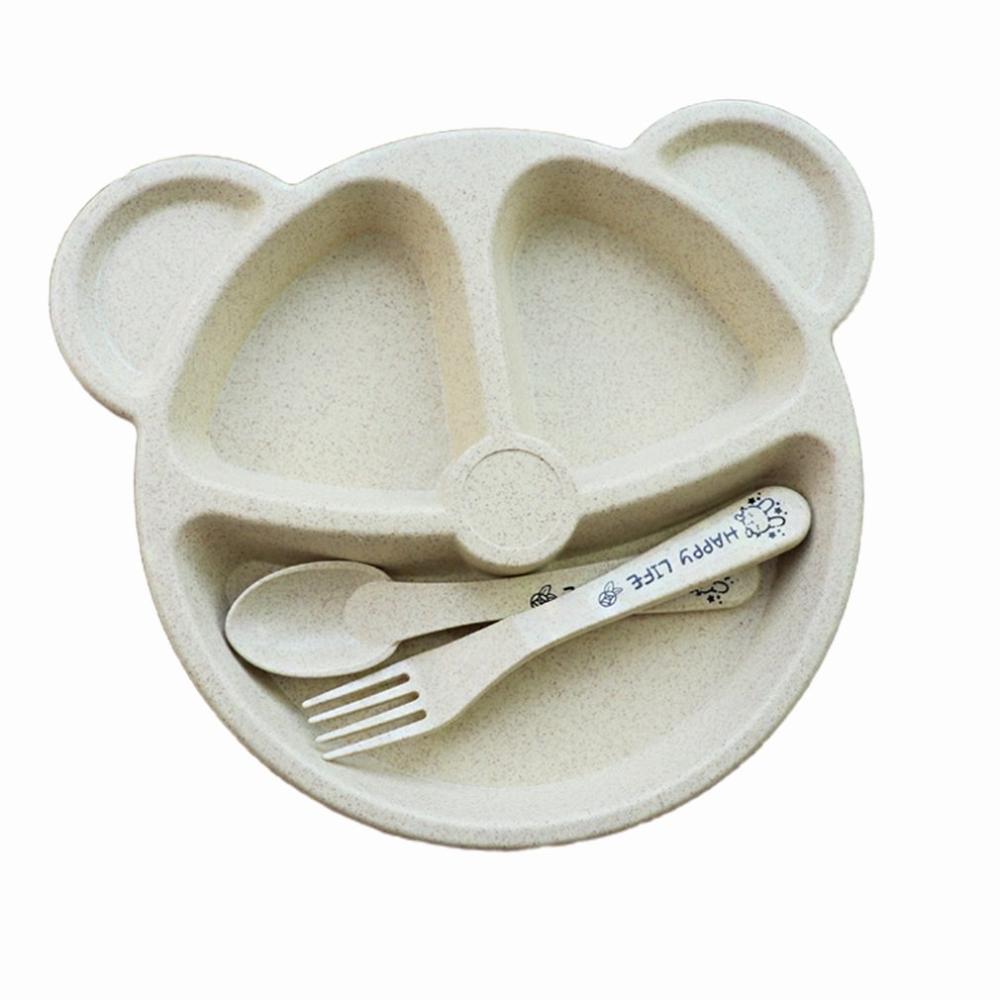 Baby bowl+spoon+fork Feeding Food Tableware Set Cartoon Bear Kids Dishes Eating Dinnerware Anti Wheat Straw Training Plate: beige