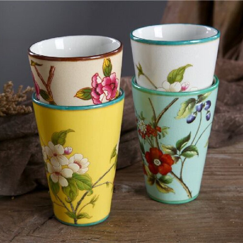 Ceramics Bathroom Set Liquid Soap Dish Toothbrush Holder/Rack Lover Gargle Cup Dental Jar Flowers &amp; Bird Pastoral Style