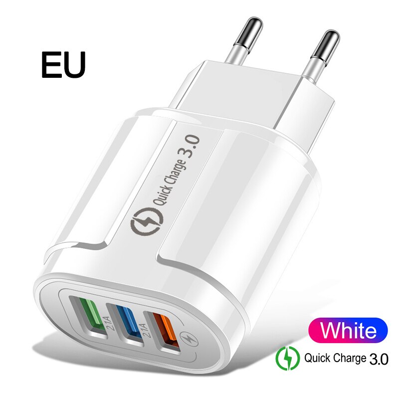 3 Poorten Snelle Usb Charger Cable Telefoon Snellader 3.0 5V 3A Eu/Us Plug Wall Charger Voor samsung Apple Iphone Sony Xiaomi Huawei: EU   White