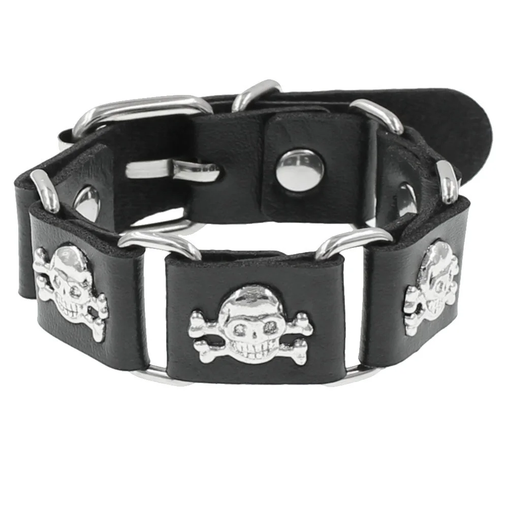 cuadrado redondo de cuero PU gótico esqueleto cráneo Punk remache estrella pulsera cadenas Retro brazalete pulsera joyería de navidad: Con recubrimiento de titanio