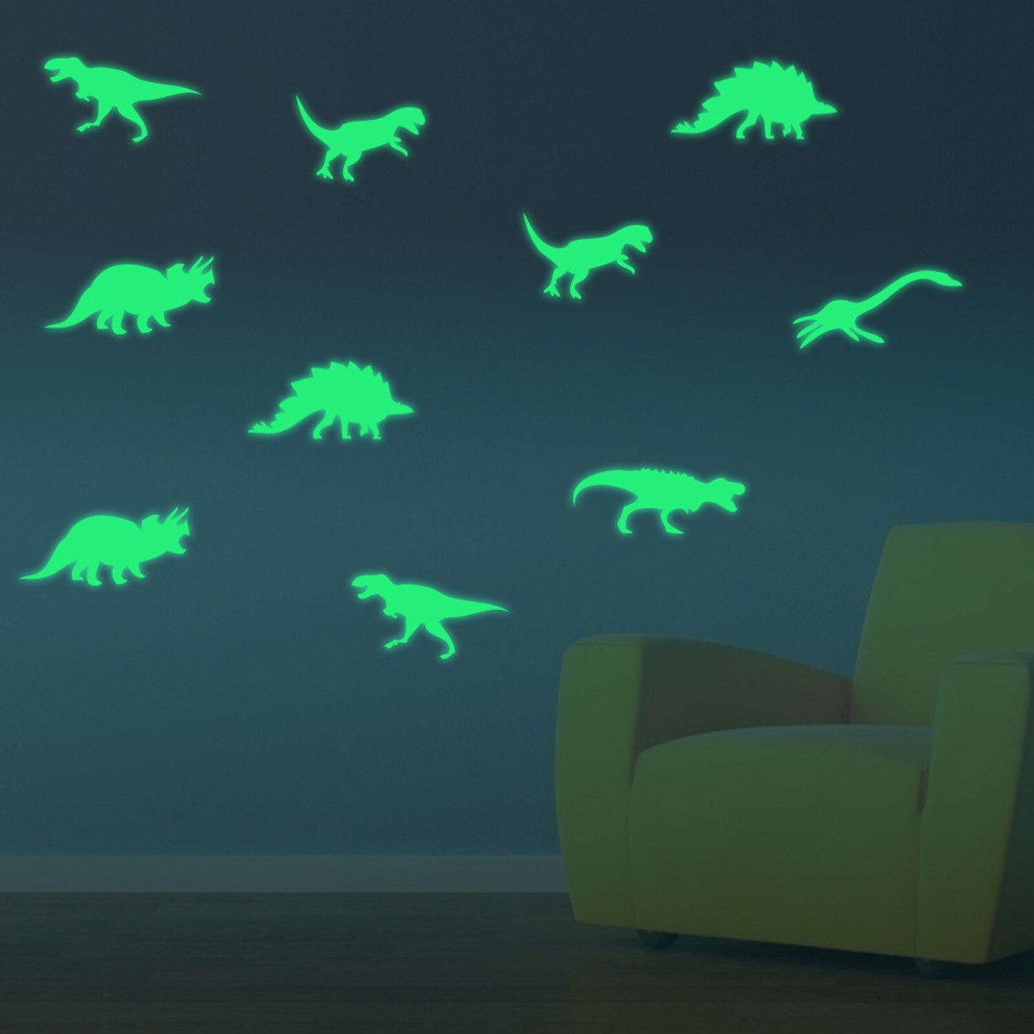 Kids 9PCS Reusable 3D Dinosaur Style Luminous Glow in the Dark Wall Stickers Noctilucent Window Flashing Decals Toy