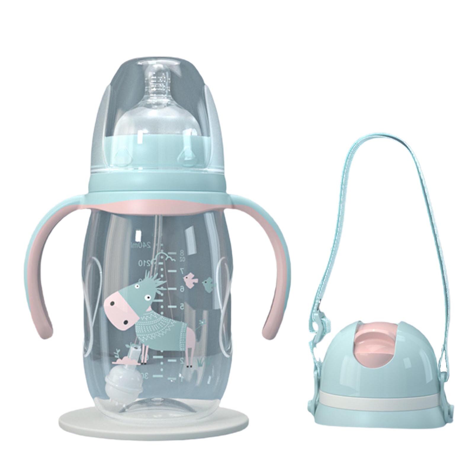 240ml/300ml Infant -proof Baby Wide-caliber Milk Bottle with Straw Handle Cute baby bottles with cartoon designs with Straw: Blue 240ml