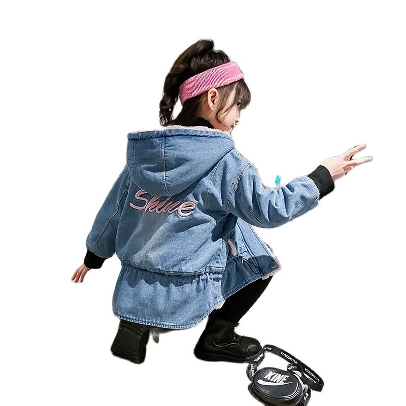 Winter Children's Denim Jackets Teenage Girls Boutique Clothes Velvet Hooded Jean Trench Coat Teen Casual Outerwear Windbreakers