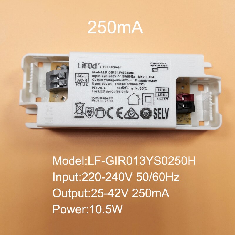 LiFud LED driver LF-GIR009YS LF-GIR013YS series 25-42V 135mA 160mA 180mA 200mA 250mA 300mA 350mA CE CB TUV SAA RCM Certification: LF-GIR013YS0250H